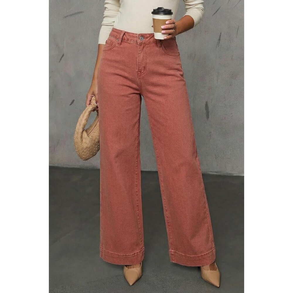 Women Redwood Burl Casual High Waisted Stretch Button Wide Leg Loose Denim Jeans - Picture 6 of 6